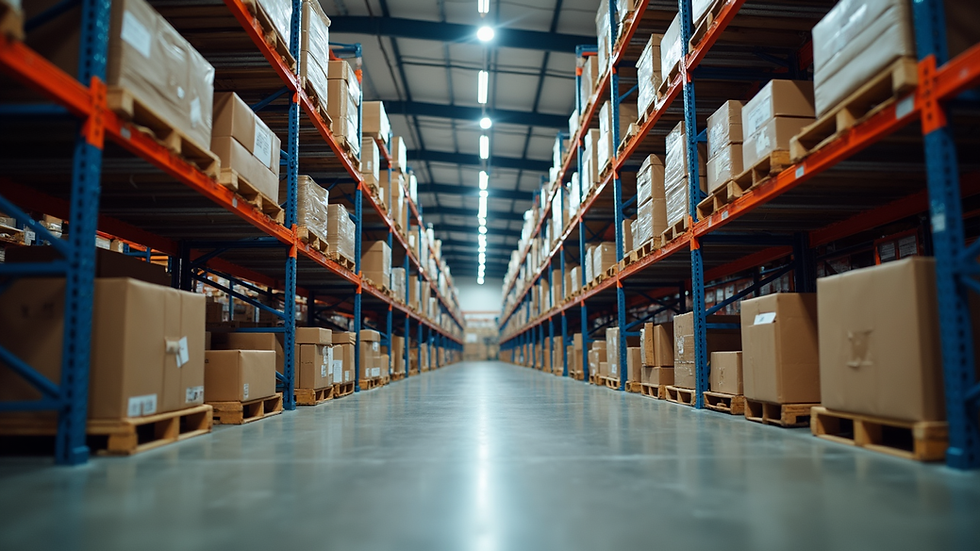 Eye-level view of auto parts shelves neatly organized in a warehouse