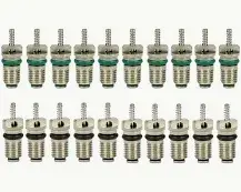 Collection of A/C Schrader valve cores and ports, including primary seals and valve stems, for various HVAC applications.
