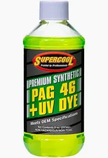 Quart-sized bottle of Supercool PAG 46 synthetic lubricant with integrated UV dye, designed for R-134a A/C systems.
