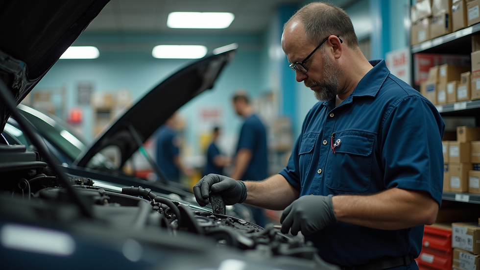 Close-up view of a mechanic inspecting car engine parts in a Hialeah auto parts store