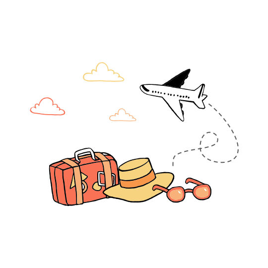Graphic of an airplane with a suitcase, hat, and sunglasses