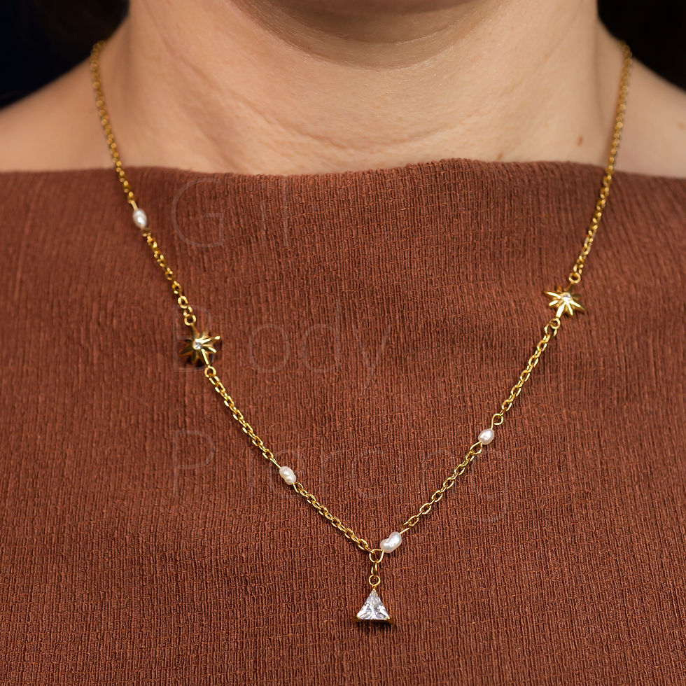Miniatura: colar zircônias e pérolas de água doce dourado PVD C001