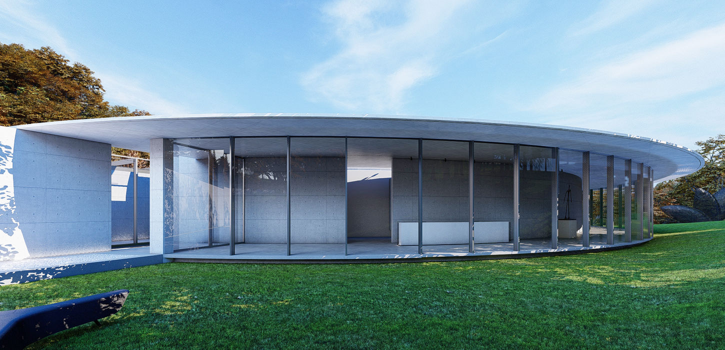 Il Museo della Luce / The Museum of Light by Fausto Ferrara — oblique exterior view of the curved gallery emerging from the meadow in Pucón.
