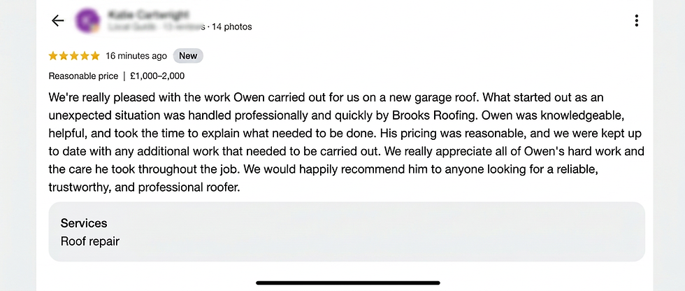 Google review screenshot for Brooks Roofing