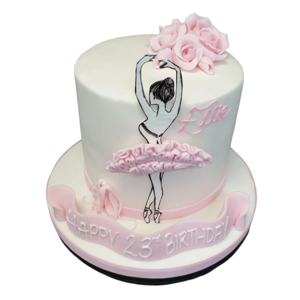 Bespoke ballet-themed cake with delicate fondant ballet slippers and tutu decorations in Solihull, West Midlands.