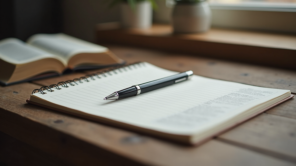 Close-up view of a journal and pen on a wooden table with a Bible nearby