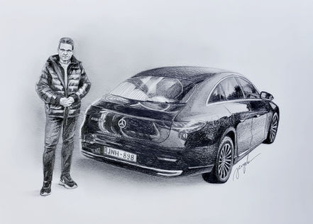Mies ja auto lyijykynäpiirustus