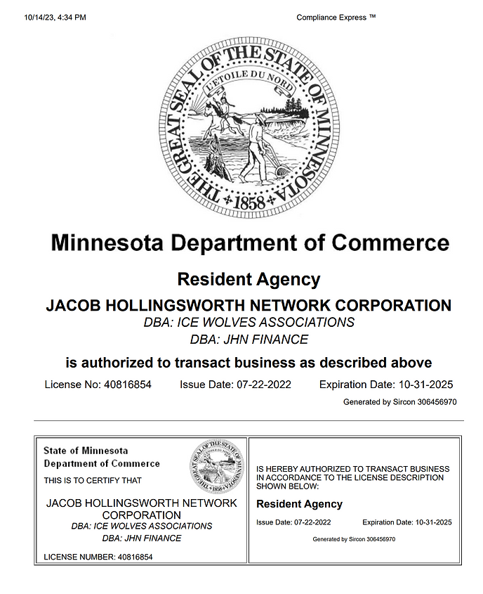 Jacob Hollingsworth Network Finance. Insurance Agency Licensed in the state of Minnesota.