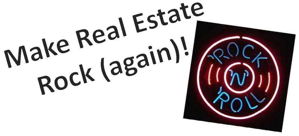 Make Real estate Rock Again class graphic showing neon sign with rock 'n roll on an LP record.