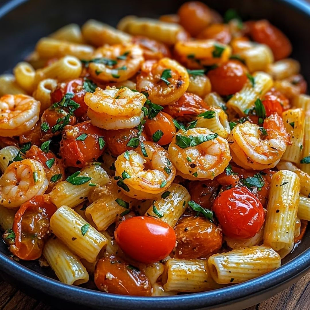 A bowl of prawn pasta with rigatoni, plump cherry tomatoes, and fresh herbs, coated in a light garlic and olive oil sauce.