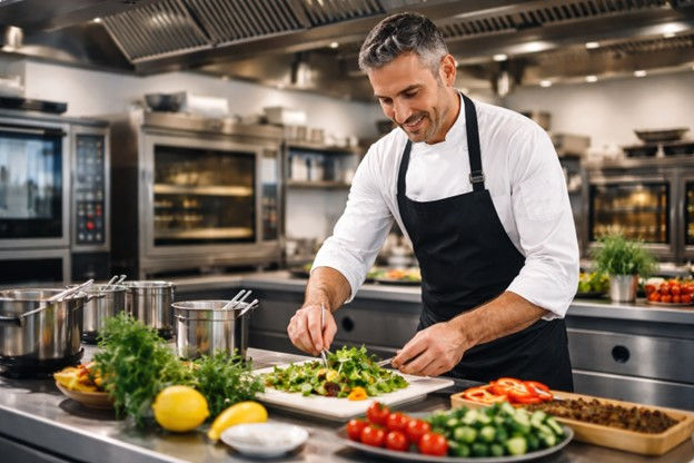 Commercial kitchen hire Gold Coast - chef working in professional kitchen.