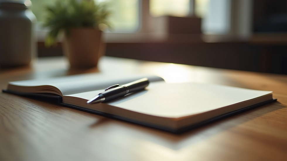 Close-up view of a journal and pen on a wooden table, symbolising self-reflection