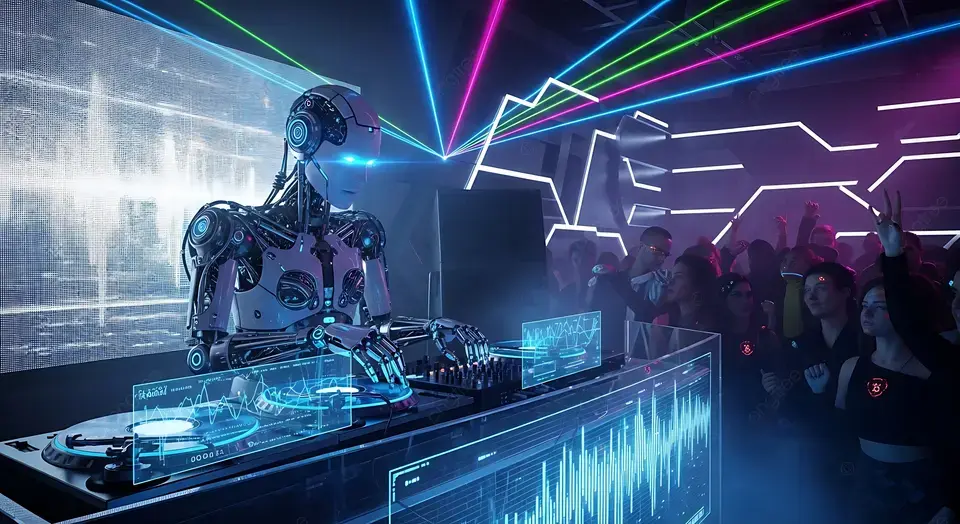 AI DJ mixing music in a futuristic club. Vibrant lasers and neon lights fill the room as a lively crowd dances energetically.