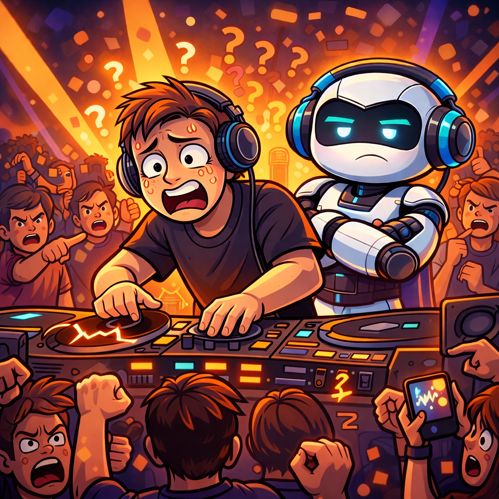 A worried DJ making DJ mistakes at a turntable, surrounded by an angry crowd, stands beside a confident robot in headphones.
