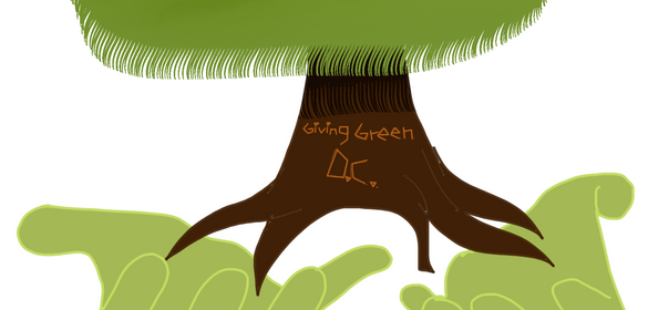A tree with green leaves, with "Giving Green DC" written on the trunk and green hands holding up the tree