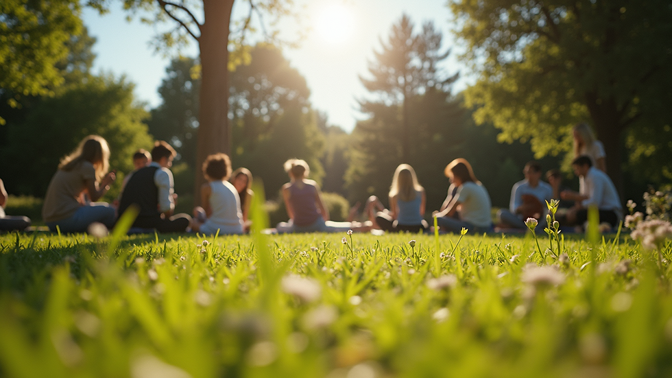Eye-level view of a garden gathering with people enjoying nature