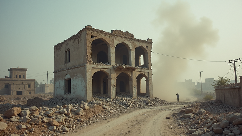 Wide angle view of a damaged building in Gaza