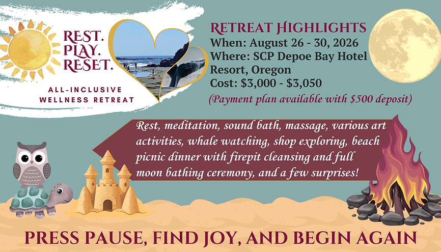 Rest, Play, Reset All-Inclusive Wellness Retreat. August 26-30, 2026. SCP Depoe Bay, Oregon. Press pause, find joy, and begin again. See more.