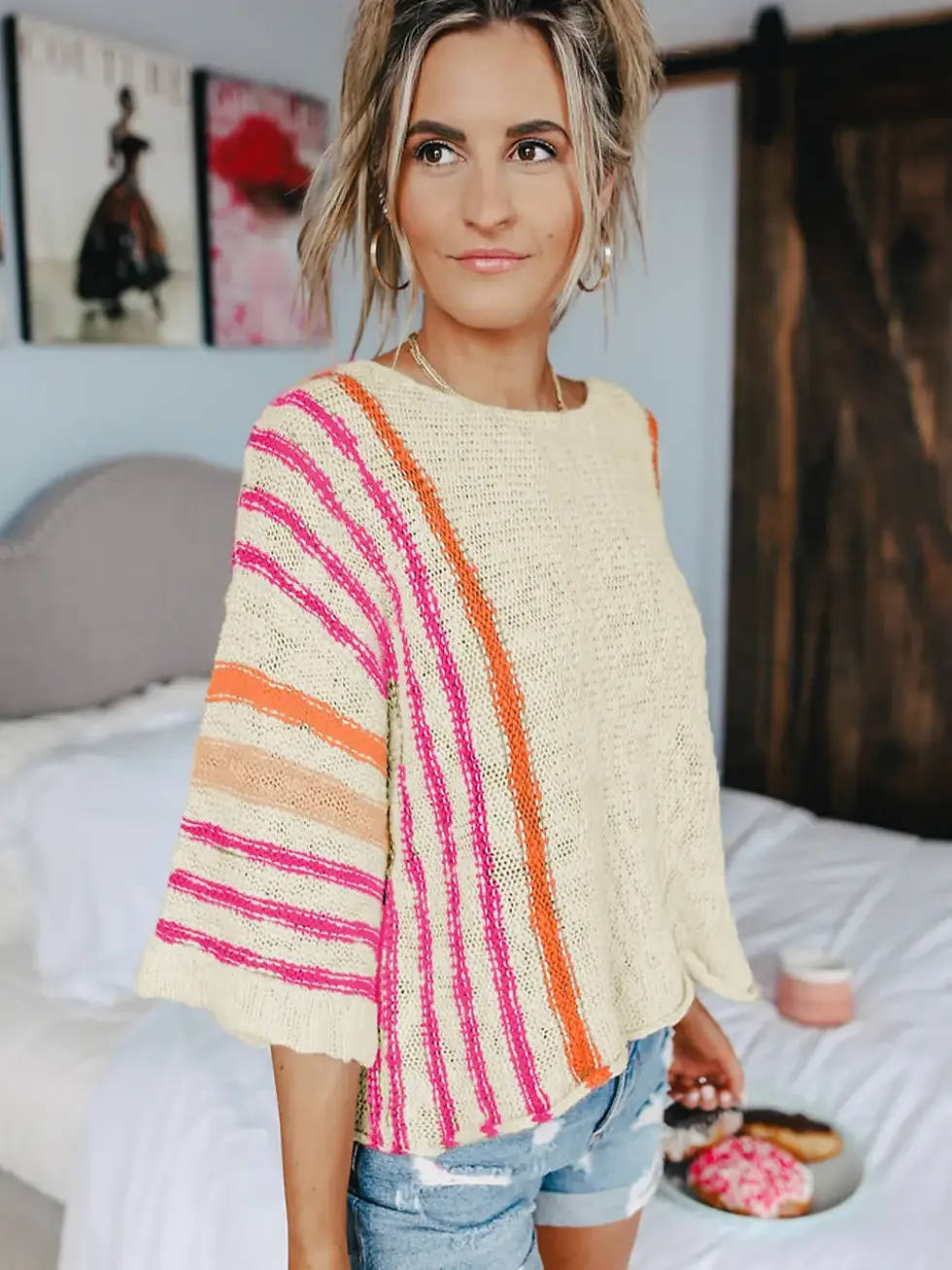 White Striped Detail Wide Sleeve Lightweight Knitted Sweater