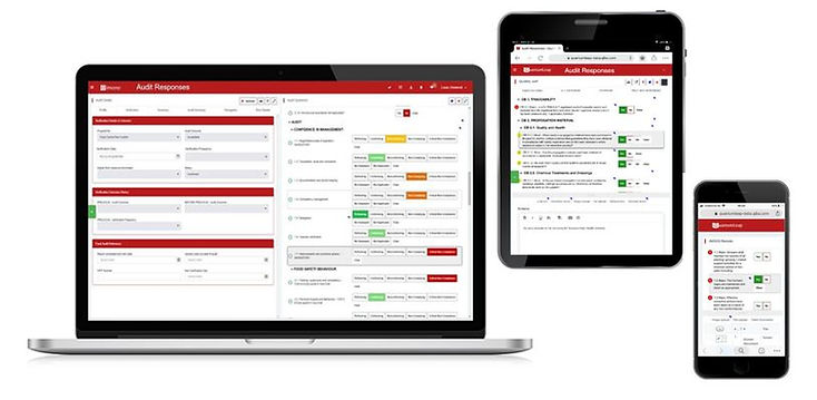 QuantumLeap audit application displayed on a laptop and two mobile devices.