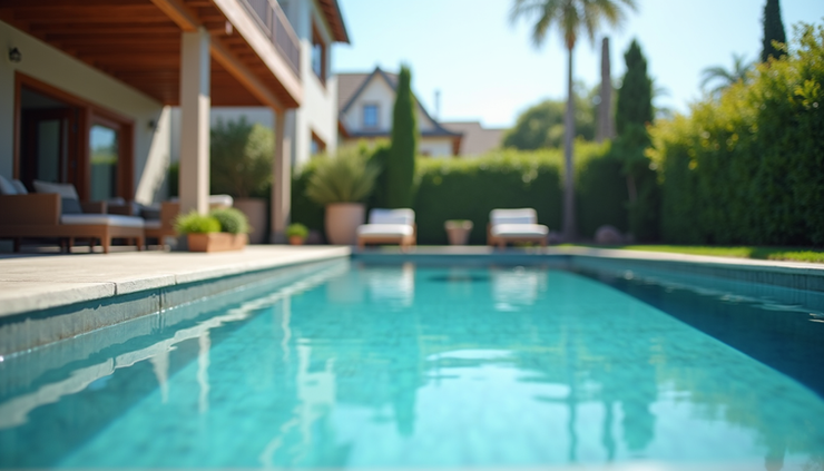 Eye-level view of a newly built backyard pool with clear blue water and stone decking