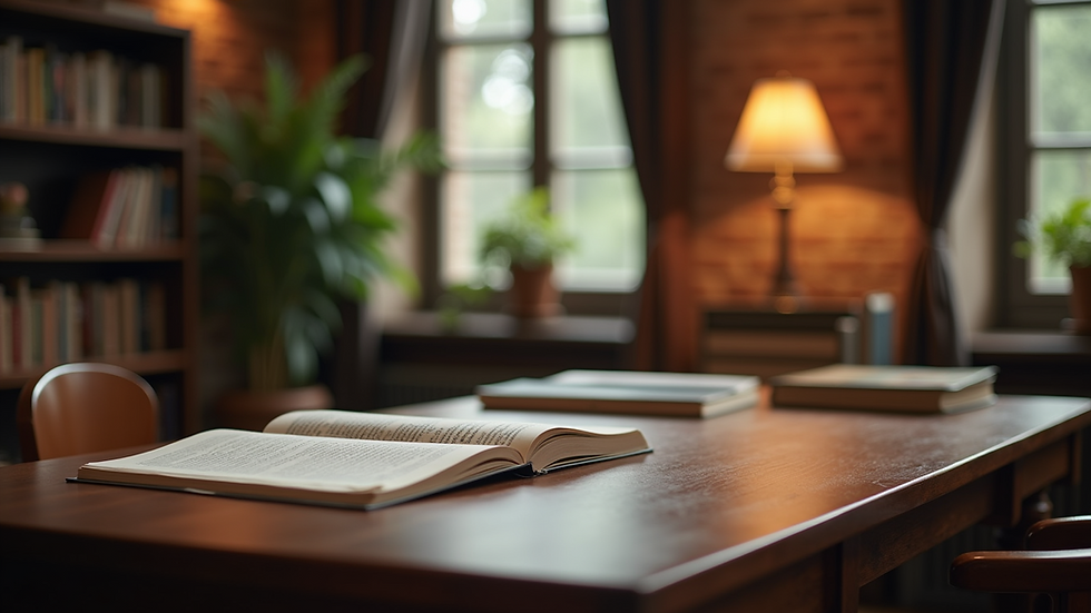 Eye-level view of a cozy study space with books and a desk