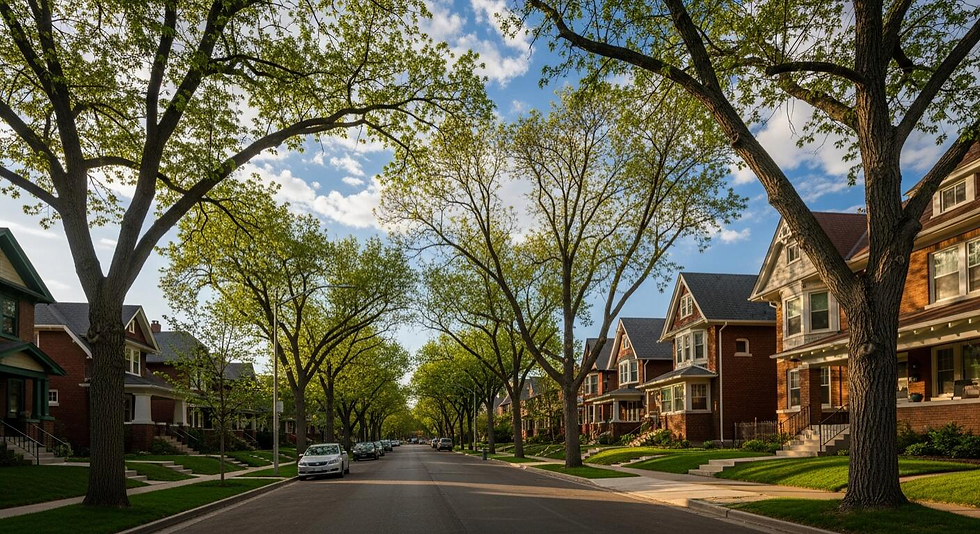 Tree-lined suburban street with brick houses and parked cars under a sunny blue sky, calm neighborhood scene.  Congress Park area in Denver, CO