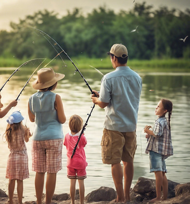 Girls and boys fishing with their parent