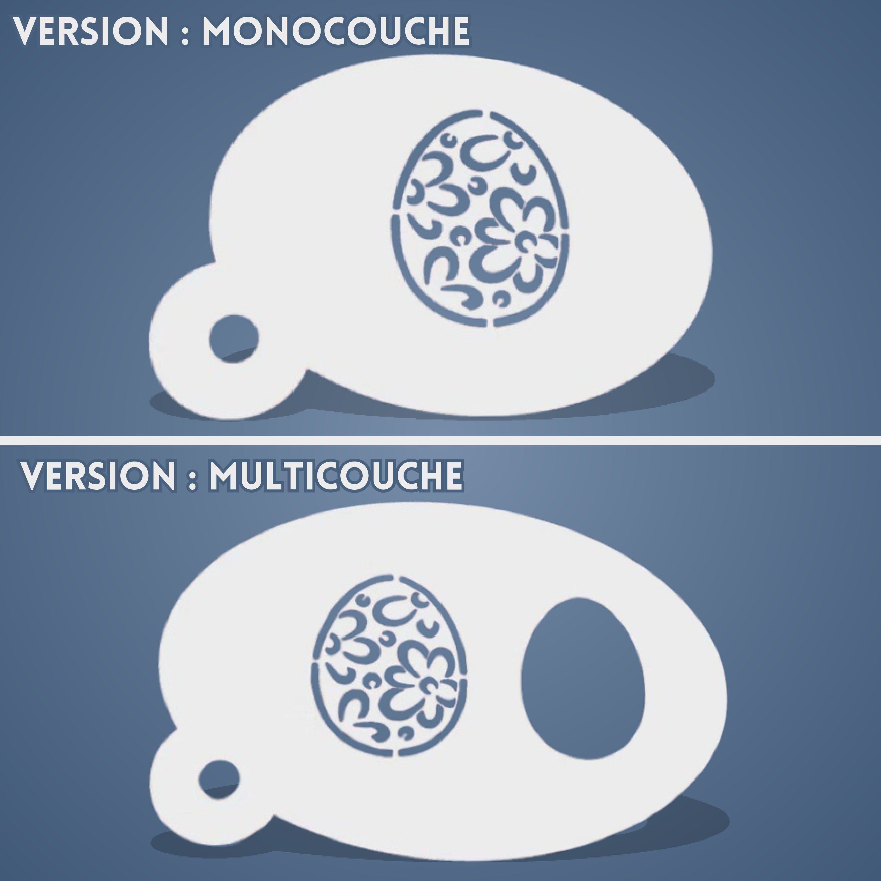 Pochoir plastique réutilisable d’un Œuf de Pâques avec des motifs de fleurs dessus (versions monocouche et multicouche)