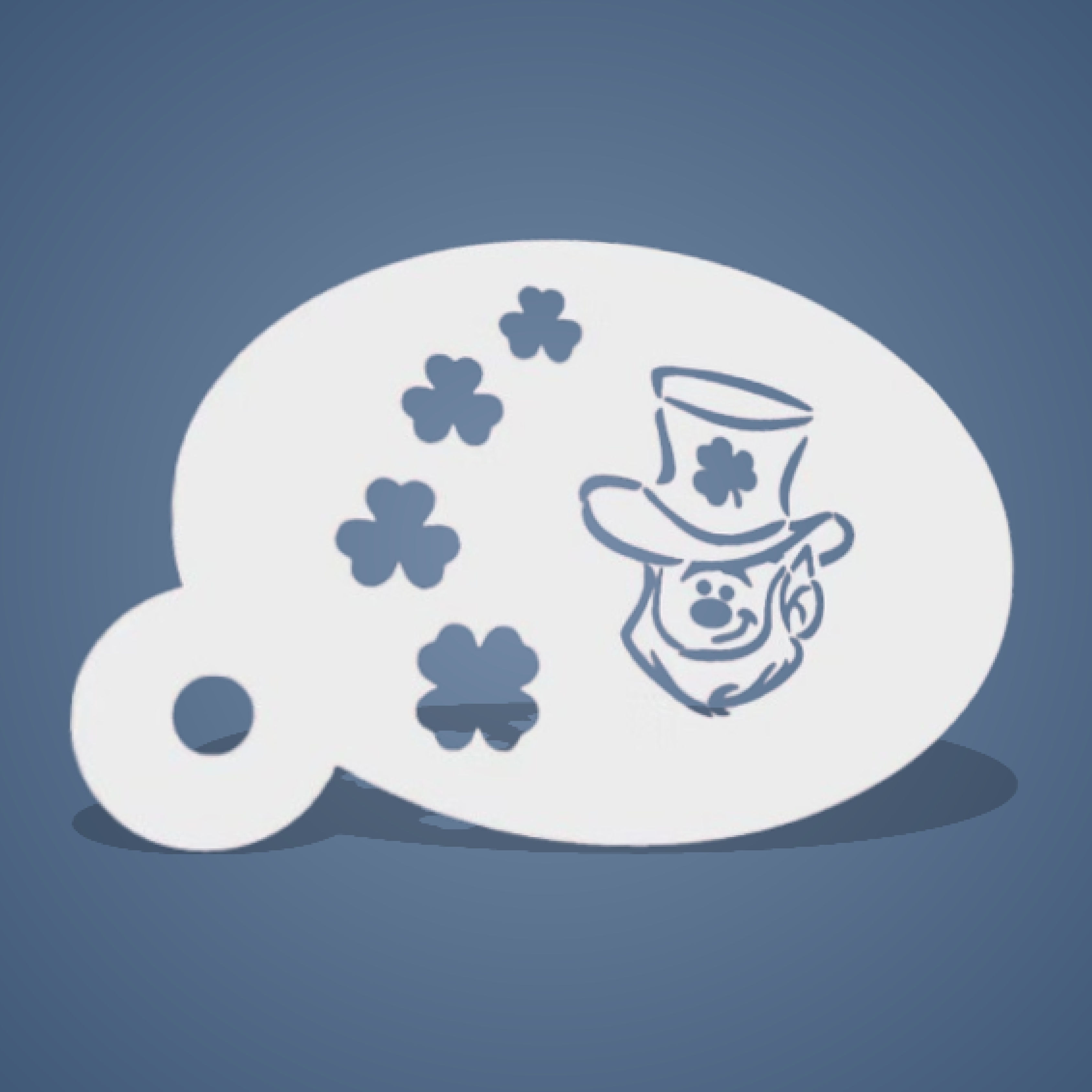 Pochoir plastique réutilisable du Visage d’un Leprechaun avec son chapeau avec des trèfles à gauche