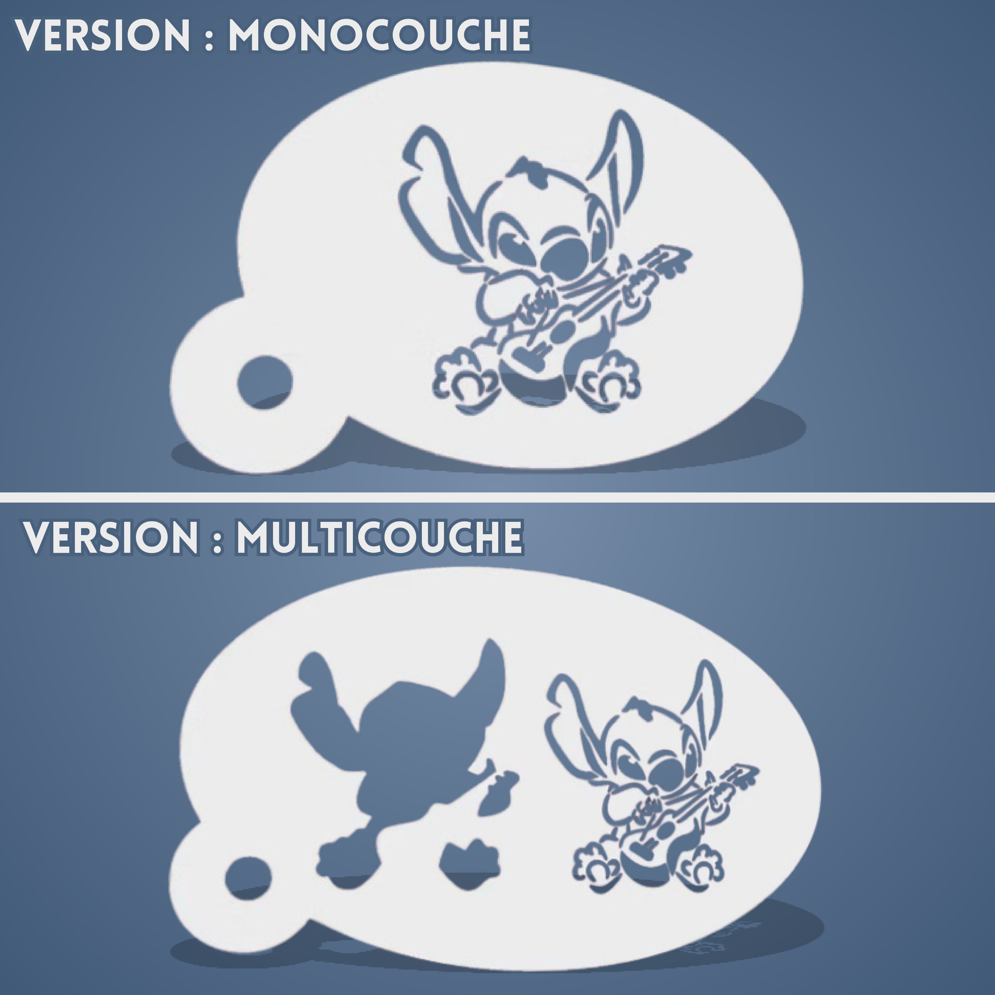 Pochoir plastique réutilisable d’un Petit Extraterrestre qui joue de la Guitare (versions monocouche et multicouche)