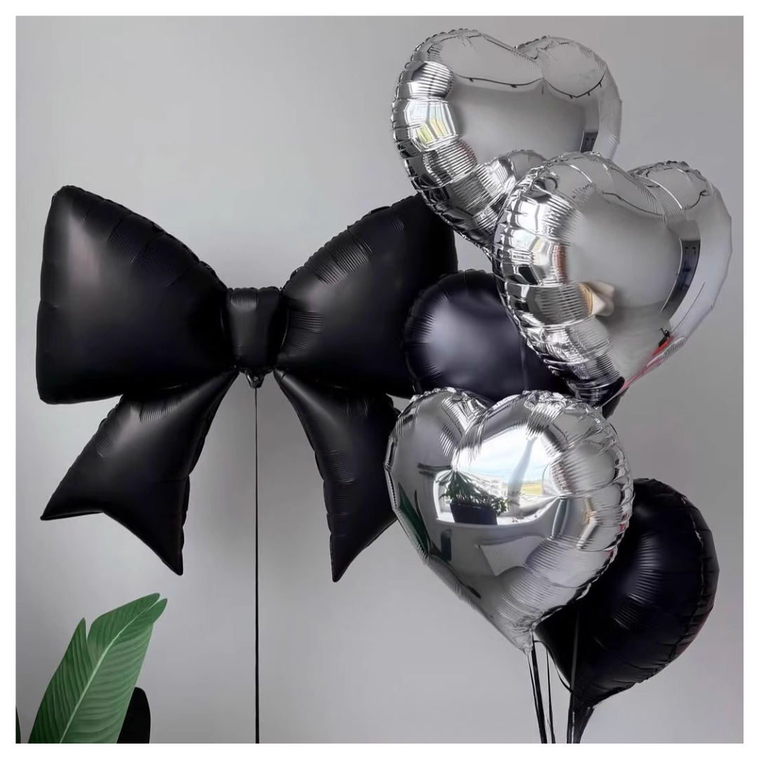 Black Bow & Silver Heart Foil Balloon Set