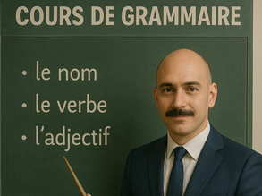 Un homme présente un cour de grammaire.