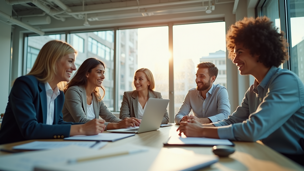 Eye-level view of a diverse team collaborating in a bright office space