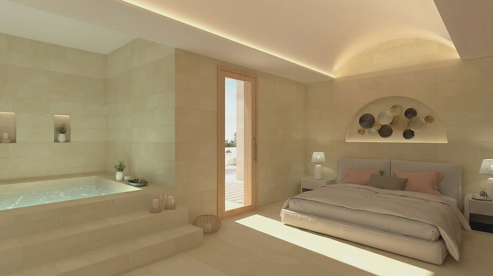 Interno Suite Presidenziale con letto matrimoniale, nicchia decorativa, luce soffusa e vasca idromassaggio in muratura.