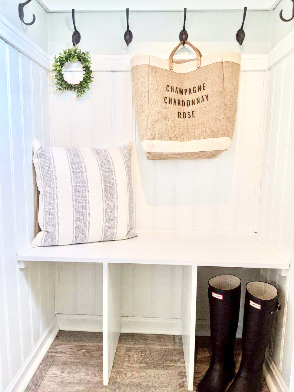 Farmhouse coastal mudroom foyer closet DIY design