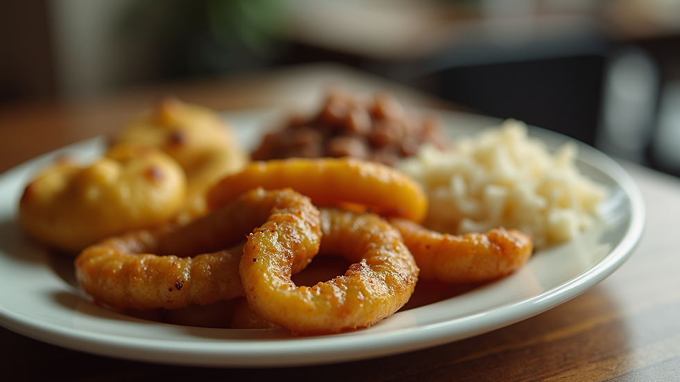 Eye-level view of a combo plate with fried plantains, griot, and rice and beans