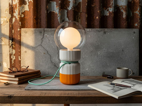 Edisonovská lampa z eko pryskyřice Ribbed Double v bílo oranžové. 