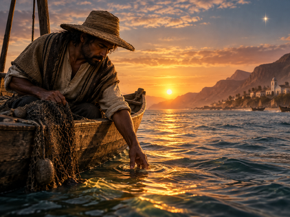 Historical Peruvian fisherman dips his hand into unexpectedly warm Pacific Ocean water at sunset, illustrating the origins of the name El Niño.