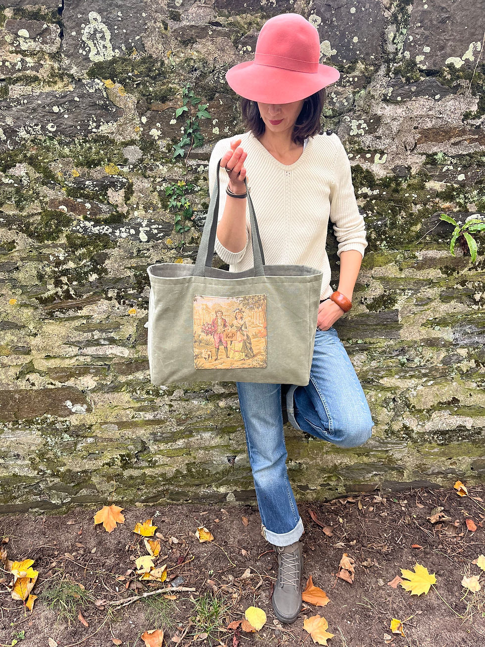 Miniature : Sac Kabas KaP en toile militaire et tapisserie ancienne upcyclées