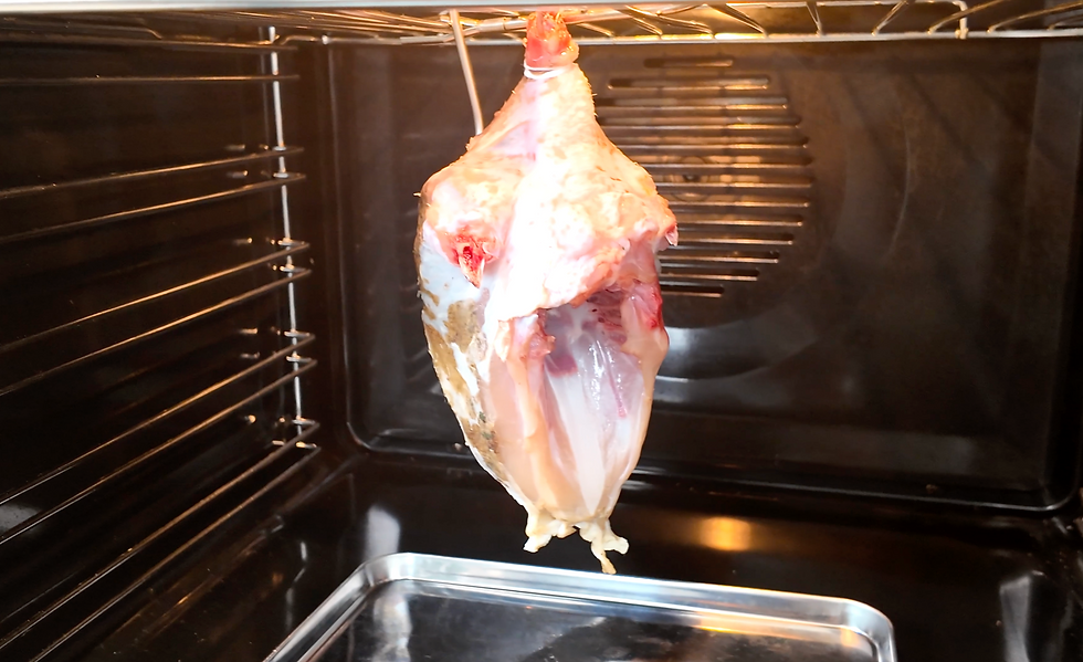 Another secret to this roast chicken is low-temperature slow roasting.