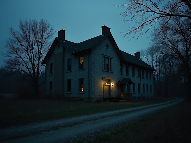 A hauntingly atmospheric shot of the dilapidated Randolph County Asylum at dusk, with fain