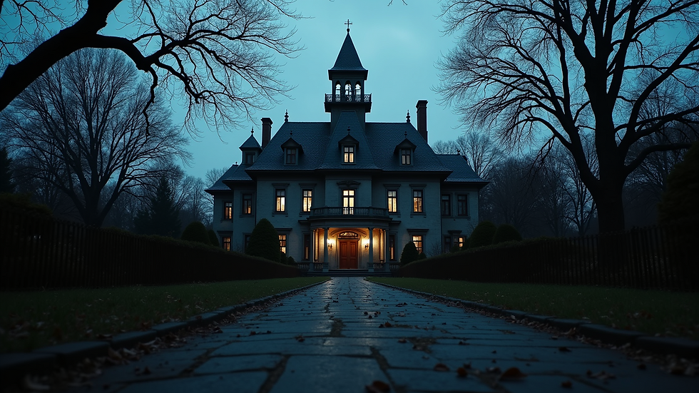 Eye-level view of a haunted mansion entrance at dusk