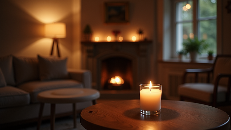 High angle view of a cozy living room with a flickering candle