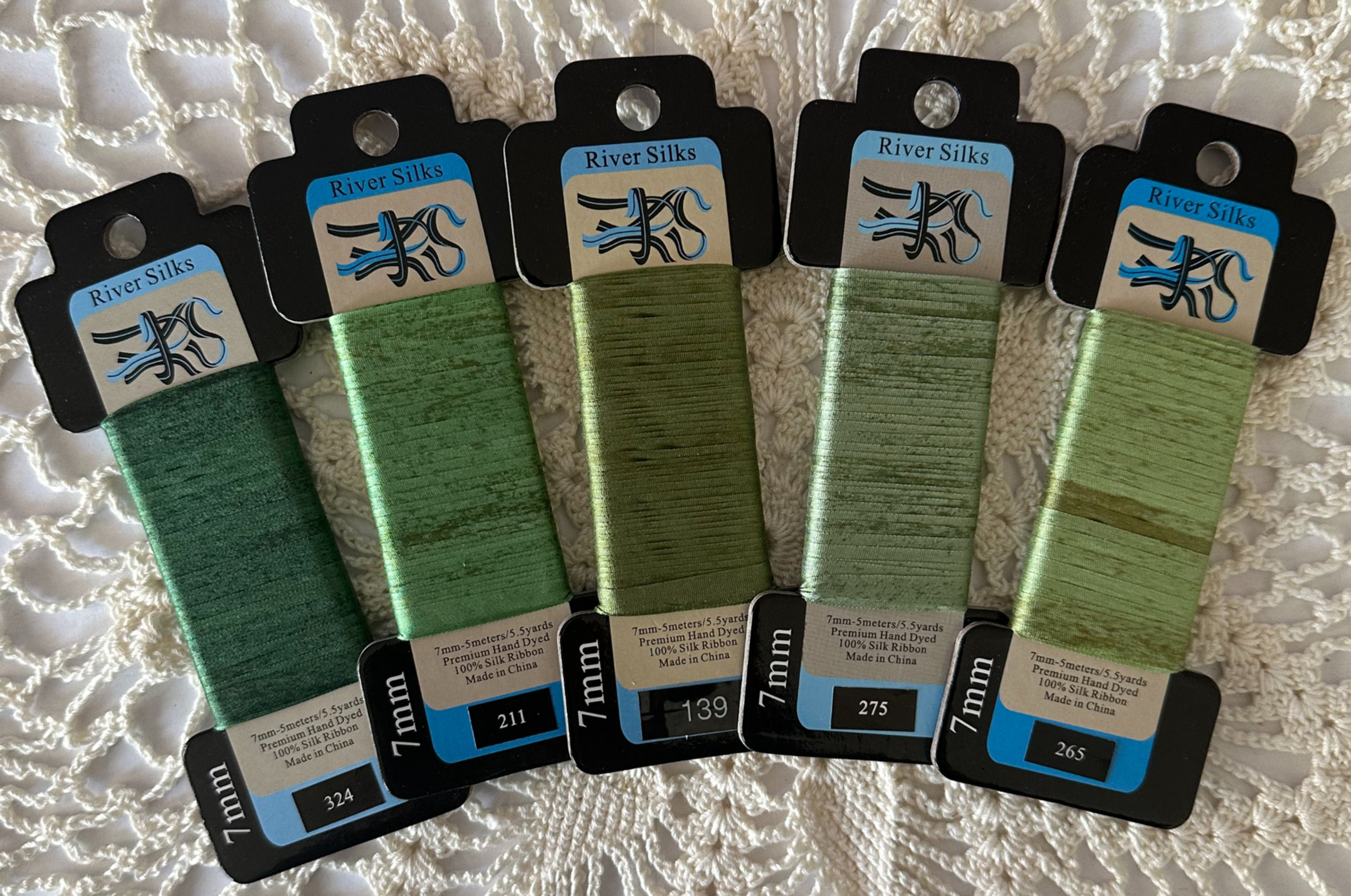 7mm River Silk Ribbon - Overdyed shades of Green