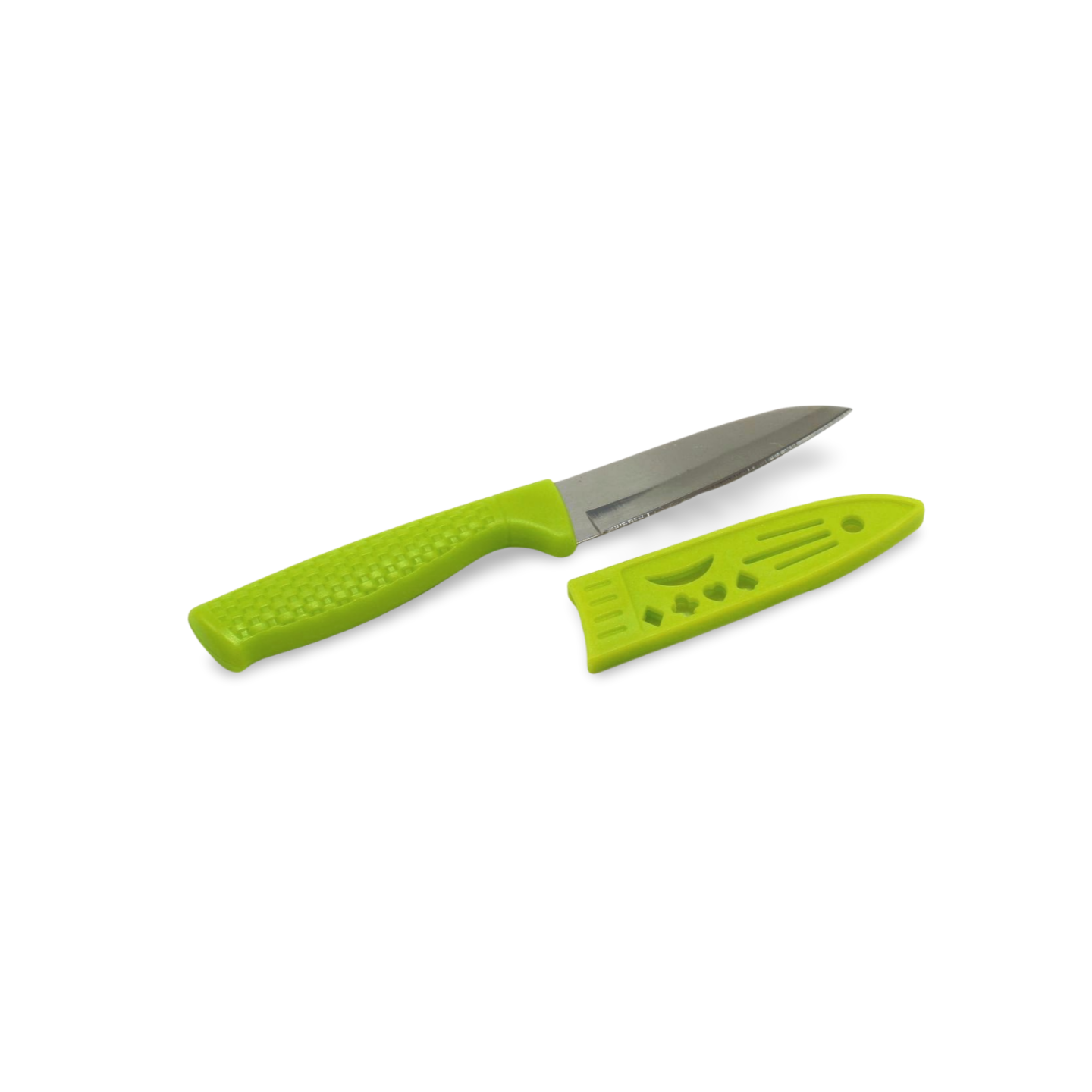 small knife with lime green plastic handle and sheath