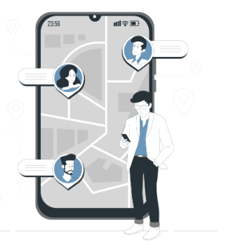 Man checking phone near map display.
