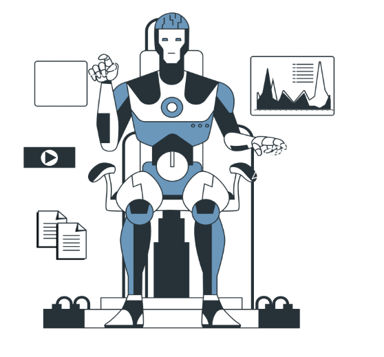 Robot operator analyzing data with digital tools.