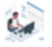 Man typing on computer with editing software and floating elements.