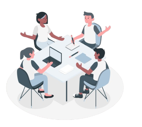 Four people collaborate around a table with laptop and notebooks.